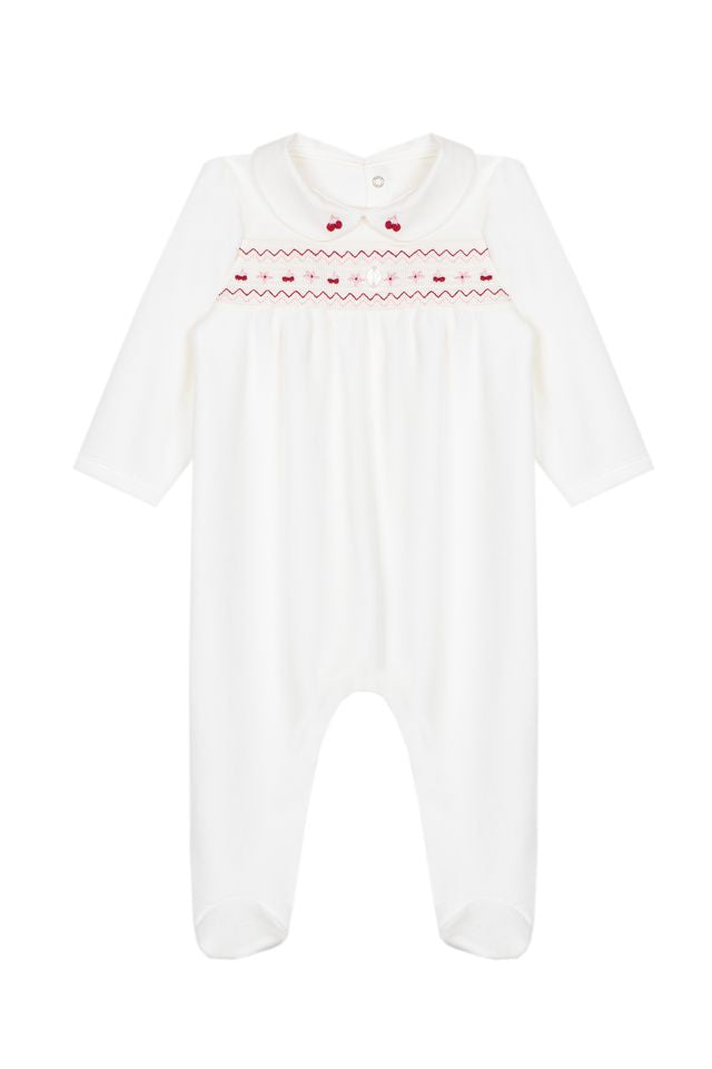 Patachou Ecru Cherry Embroidered Footie
