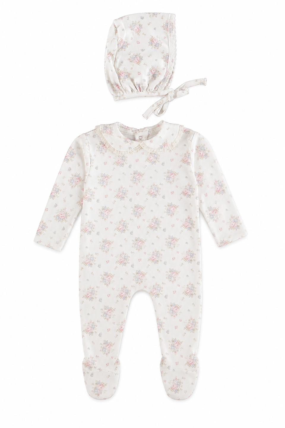 Bebe Organic Amora Collar Blooms Footie + Bonnet