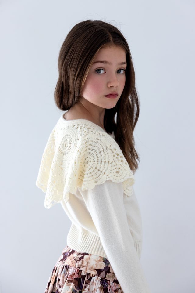 Petite Amalie Cream Crochet Collar Cardigan