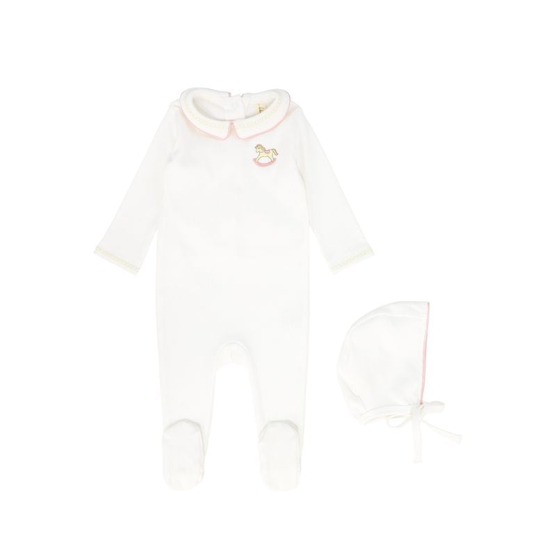 Bebe Jolee White/Pink Rocking Horse Embroidered Footie