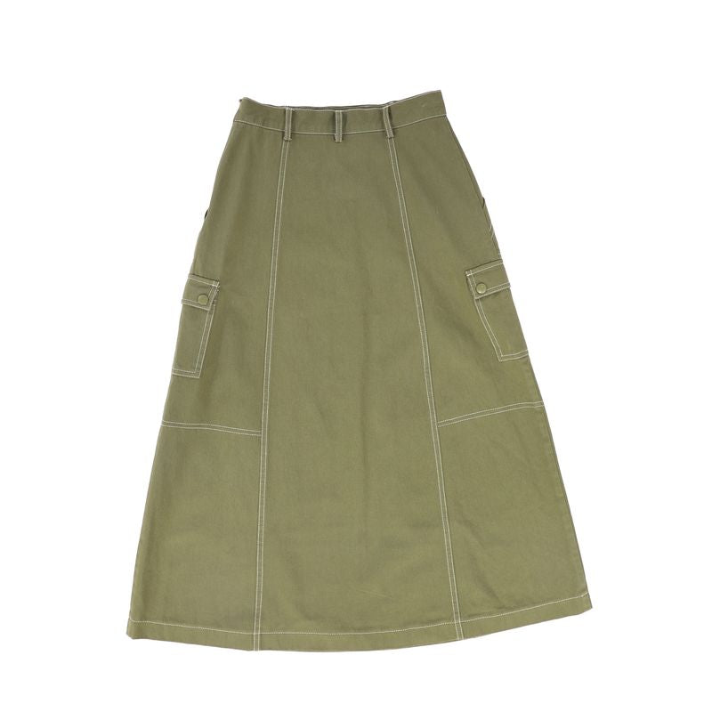 Valentina Olive Cargo Stitch Detail Maxi Skirt