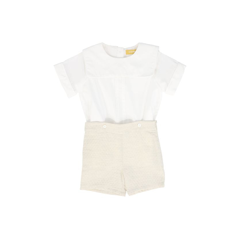 Le Bourdon Cream Textured Piped Trim Shorts Set