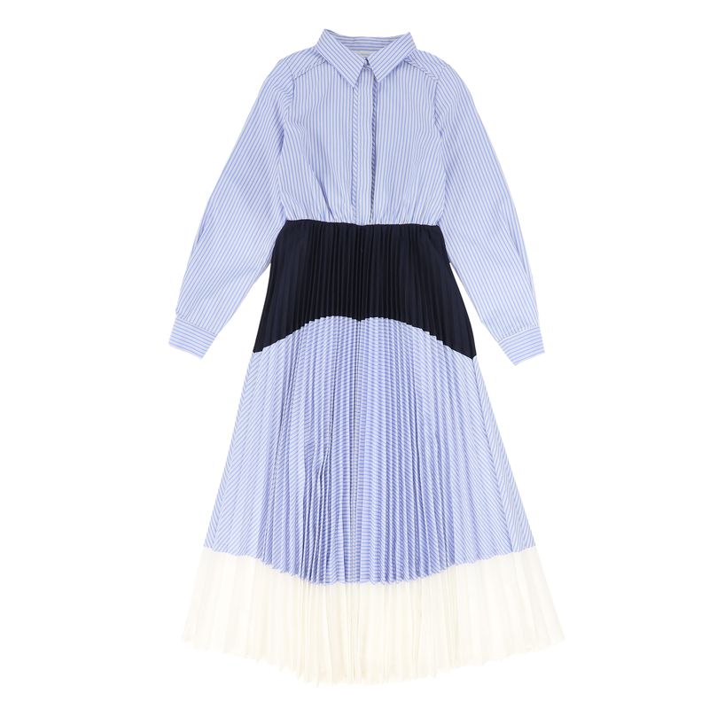 Valentina Light Blue Stripe Pleated Combo Dress