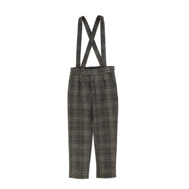 Le Bourdon Olive Plaid Print Pants- Removable Straps