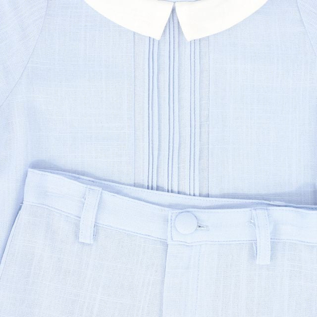 Bamboo Light Blue Linen Layered Collar Blouse Set