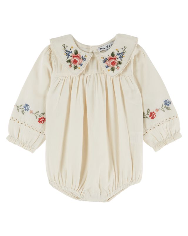 Emile & Ida Ecru Cross Stitch Romper