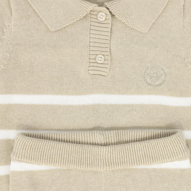 Le Bourdon Tan Stripe Trim Knit Shorts Set