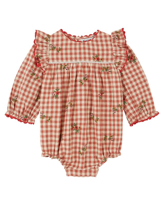 Emile & Ida Gingham Embroidery Pink Romper