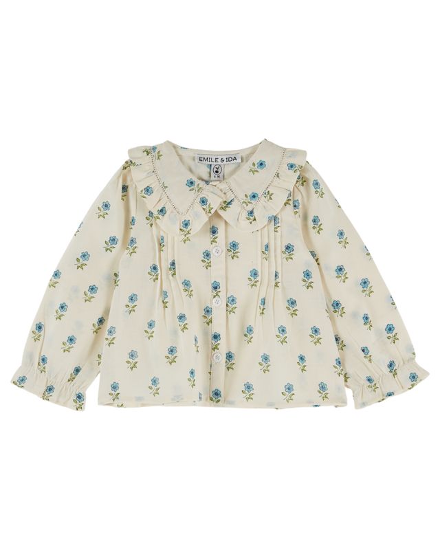 Emile & Ida Ecru Color Block Blue Floral Blouse