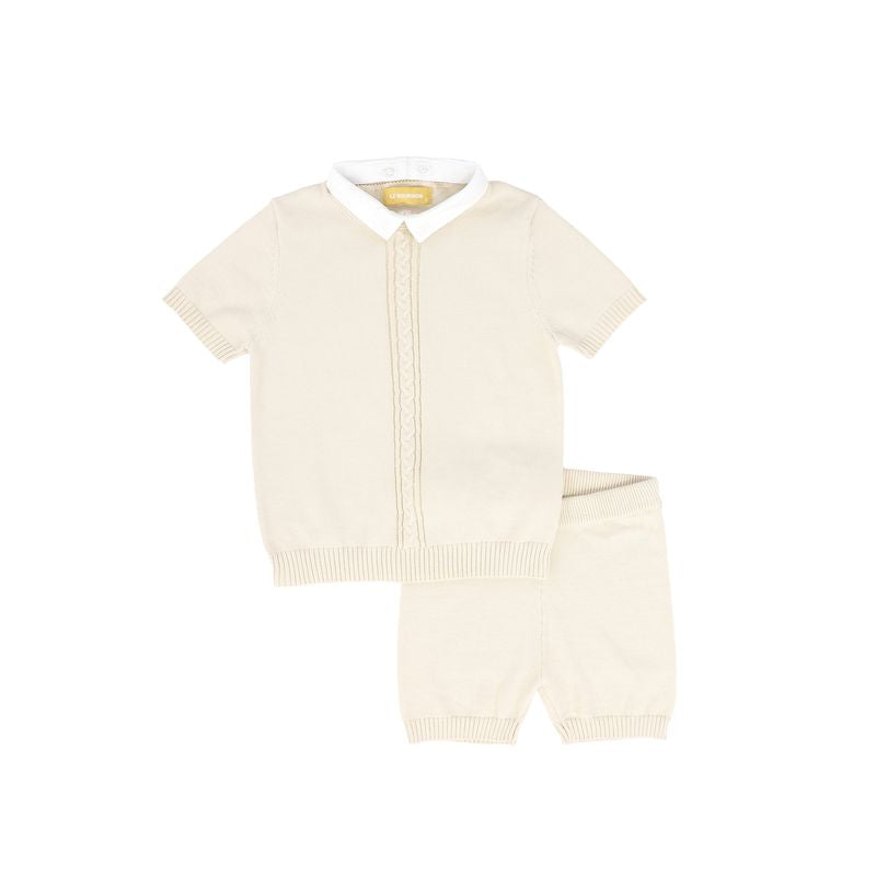 Le Bourdon Beige Cable Knit Stripe Collar Sweater Set