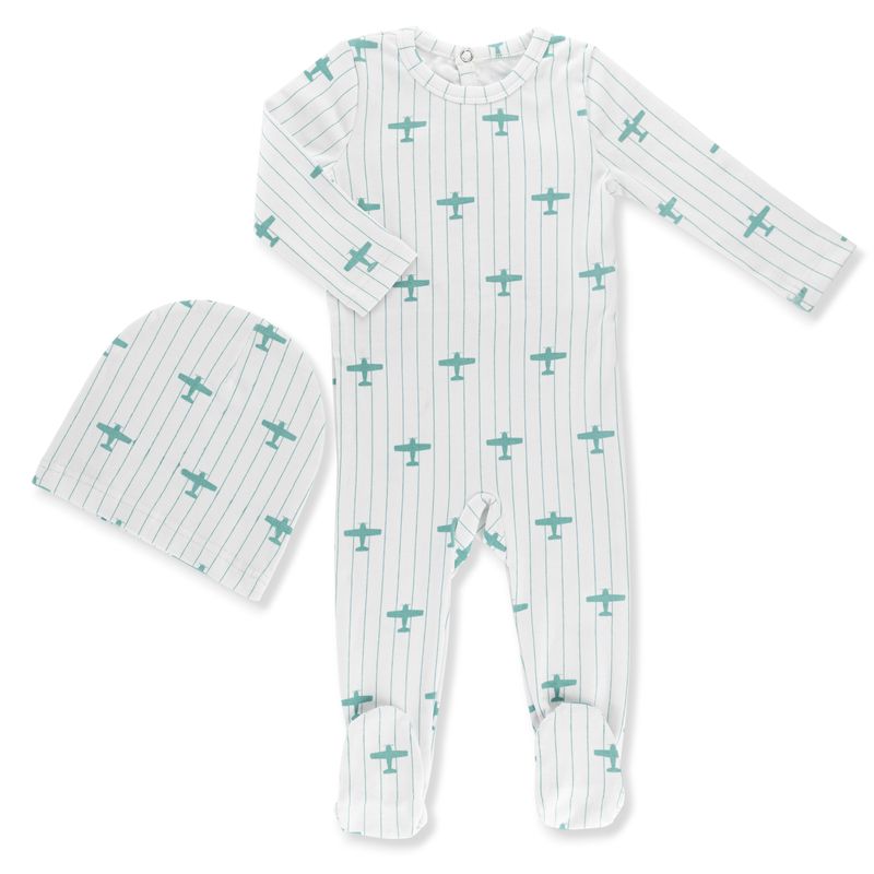 Little Label Light Blue Airplane Print Footie + Hat
