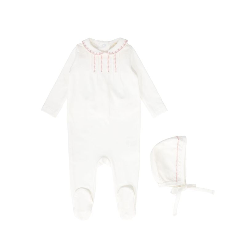 Bebe Jolee White/Pink Stitched Trim Collar Footie