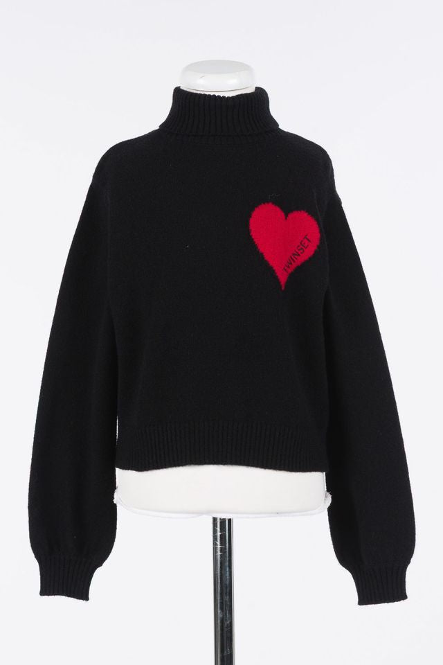 Twinset Nero Magenta Heart Knit Heart Turtleneck