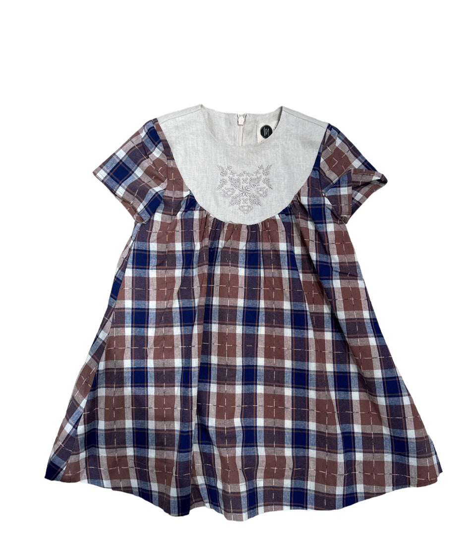 Maniere Navy/Brown Checkered Short Sleeve Dress