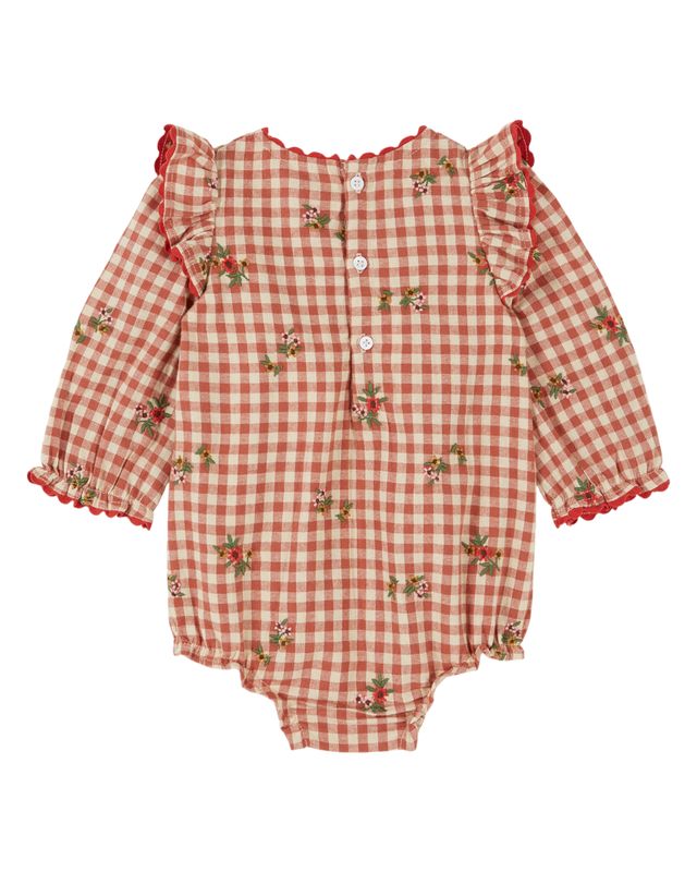 Emile & Ida Gingham Embroidery Pink Romper