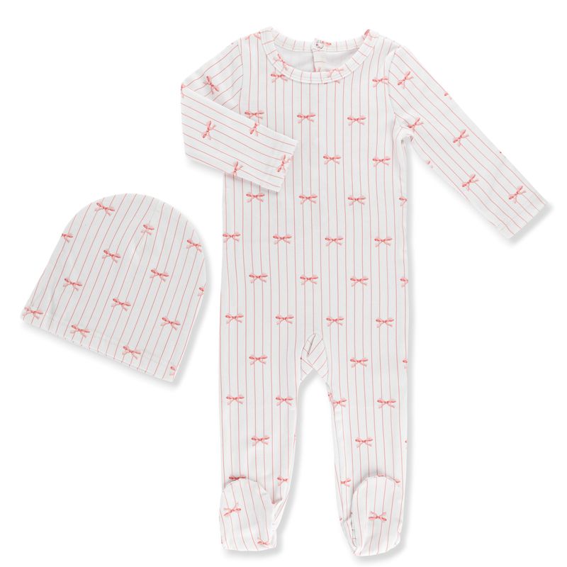 Little Label Pink Bow Print Footie + Hat