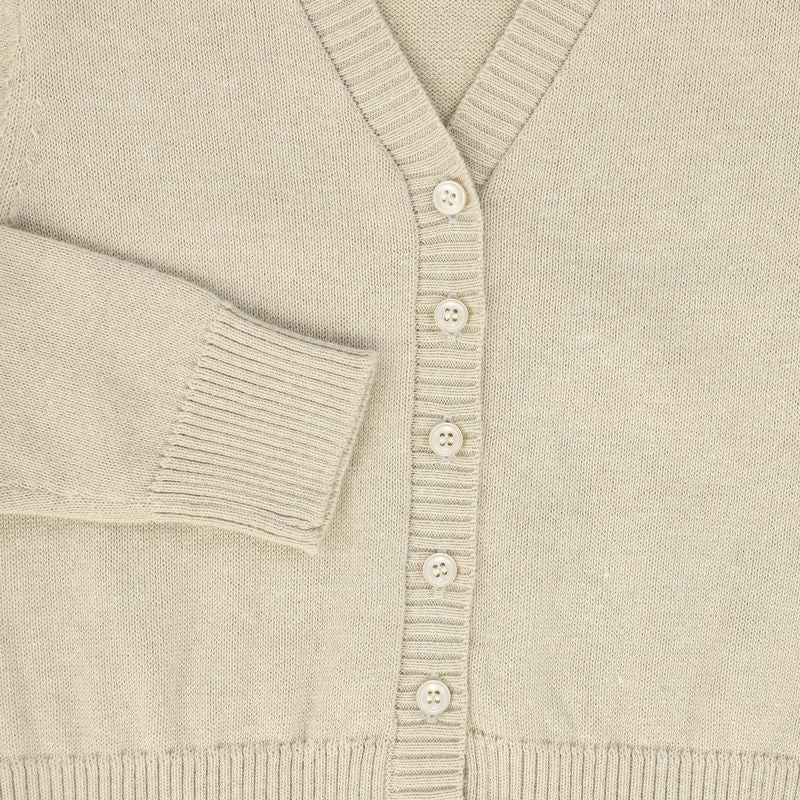 Le Bourdon Tan V-Neck Fine Knit Ribbed Trim Cardigan