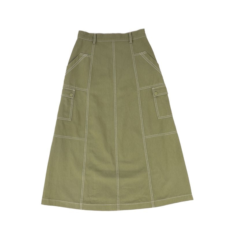 Valentina Olive Cargo Stitch Detail Maxi Skirt