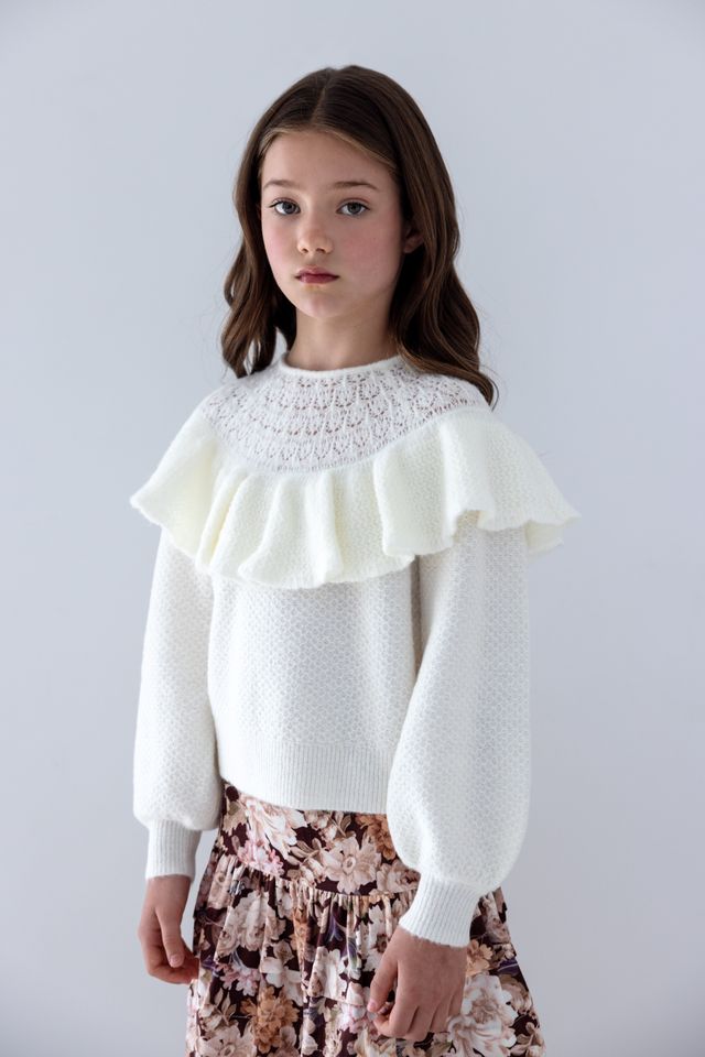 Petite Amalie Cream Pointelle Ruffle Sweater