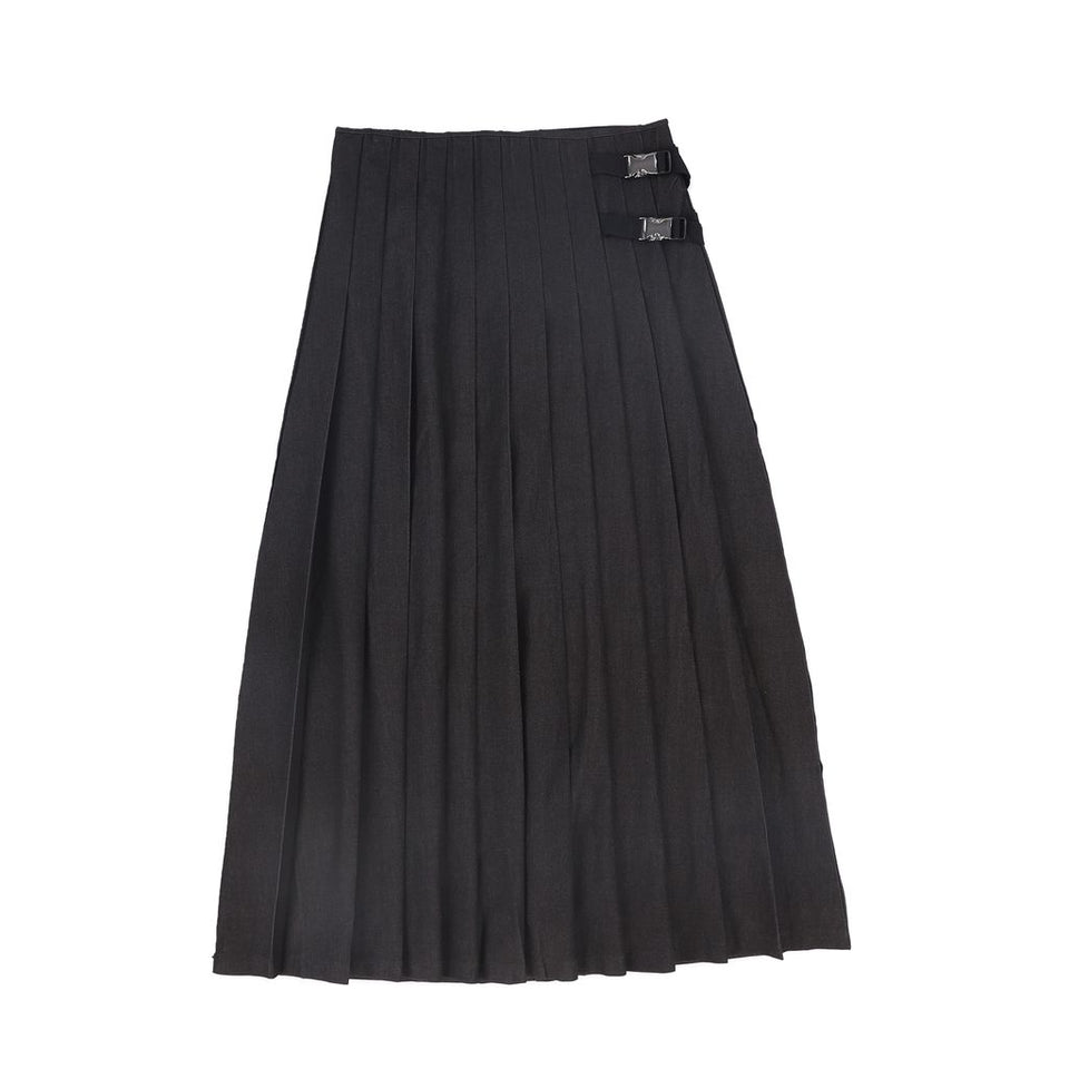 Valentina Denim Pleated Buckle Midi Skirt