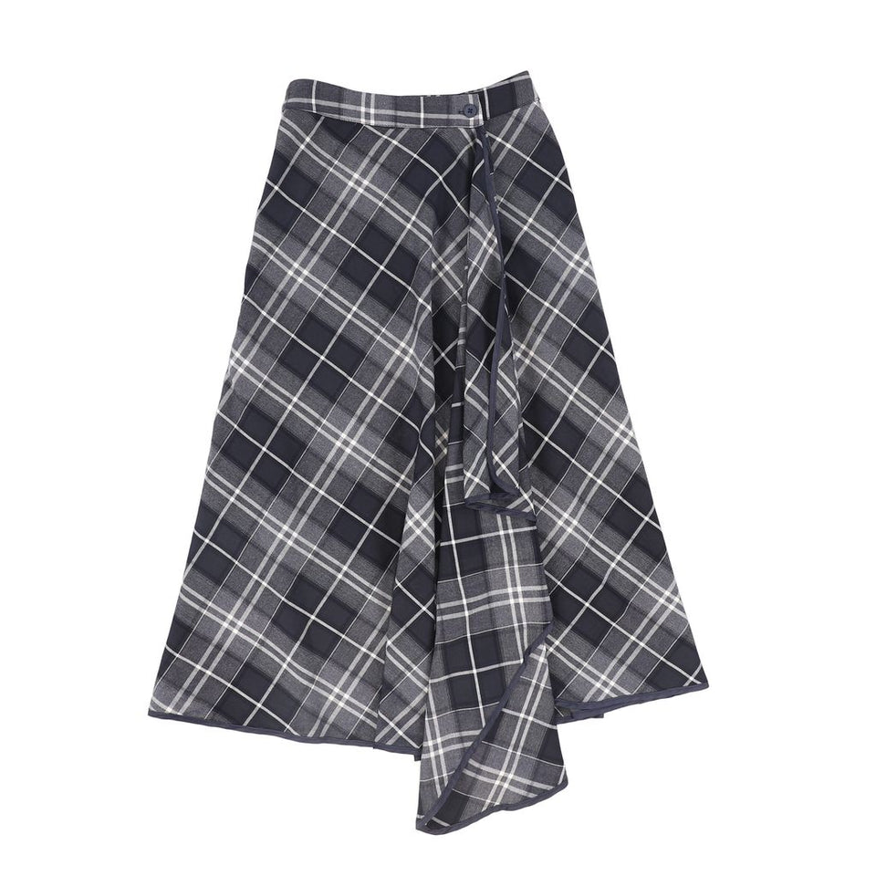 Bamboo Navy Plaid Wrap Ruffle Maxi Skirt