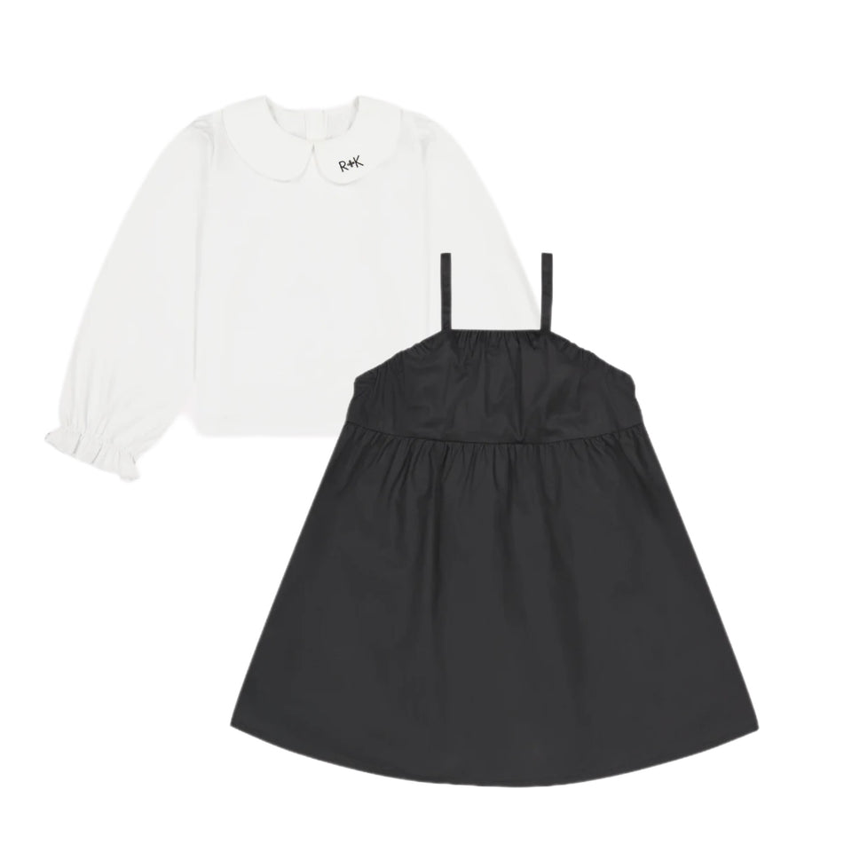 Retrokid White LS Collared Blouse w/ Black Short Sundress Set