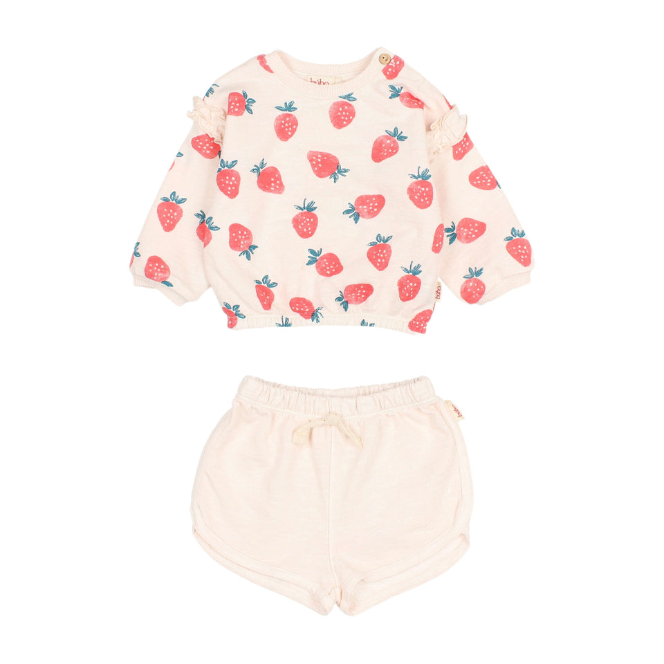Buho Cream Pink Strawberry Fleece Shorts Set