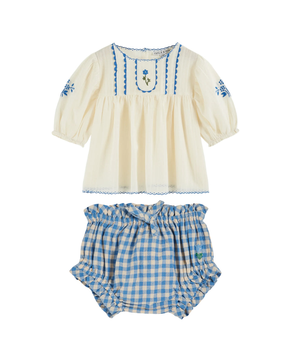Emile & Ida Cream Embroidered Blouse W/ Checkered Bloomers