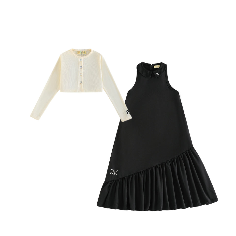 Retrokid Emery Black Dress + Cream Cardigan Set Elegant Child NY Retrokid Emery Black Dress + Cream Cardigan Set Elegant Child NY