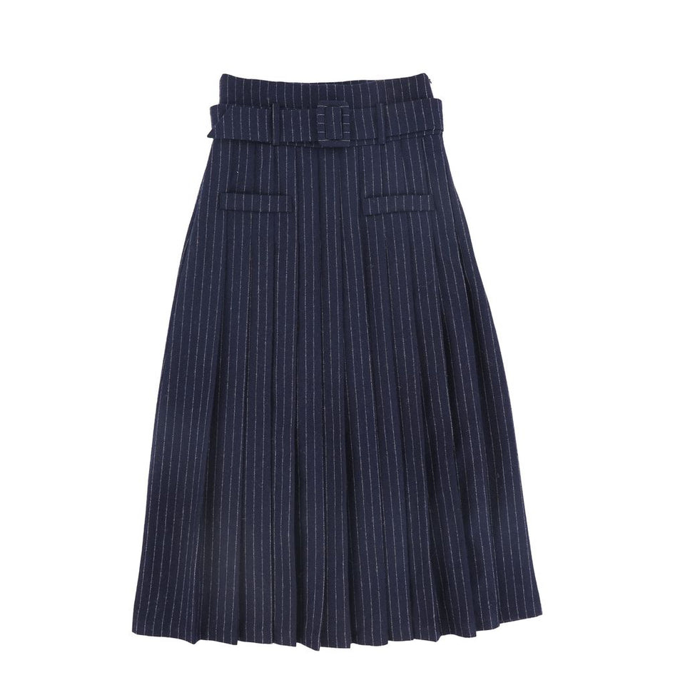 Valentina Navy Pinstriped Buckle Pleated Midi Skirt