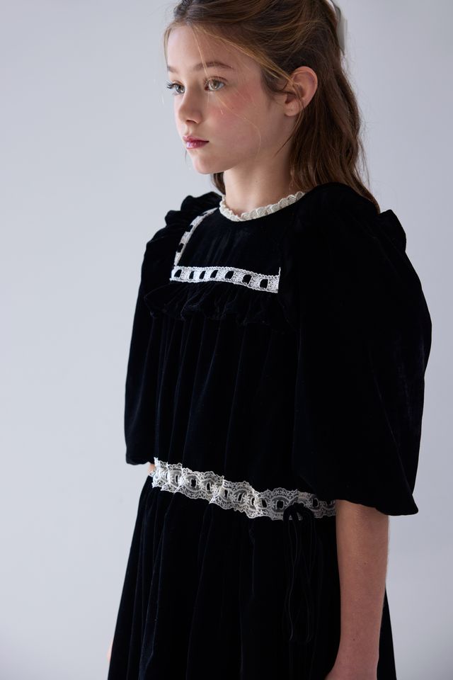 Petite Amalie Black/ Cream Lace Ribbon Lace Trim Velvet Dress