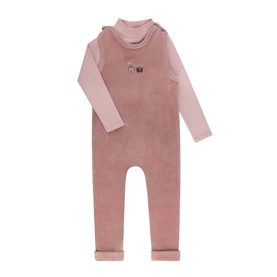 Aurora Embroidered Bear Pink Mockneck Overall Set