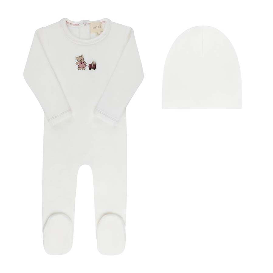 Aurora  Embroidered Bear Ivory Girls Footie+ Beanie