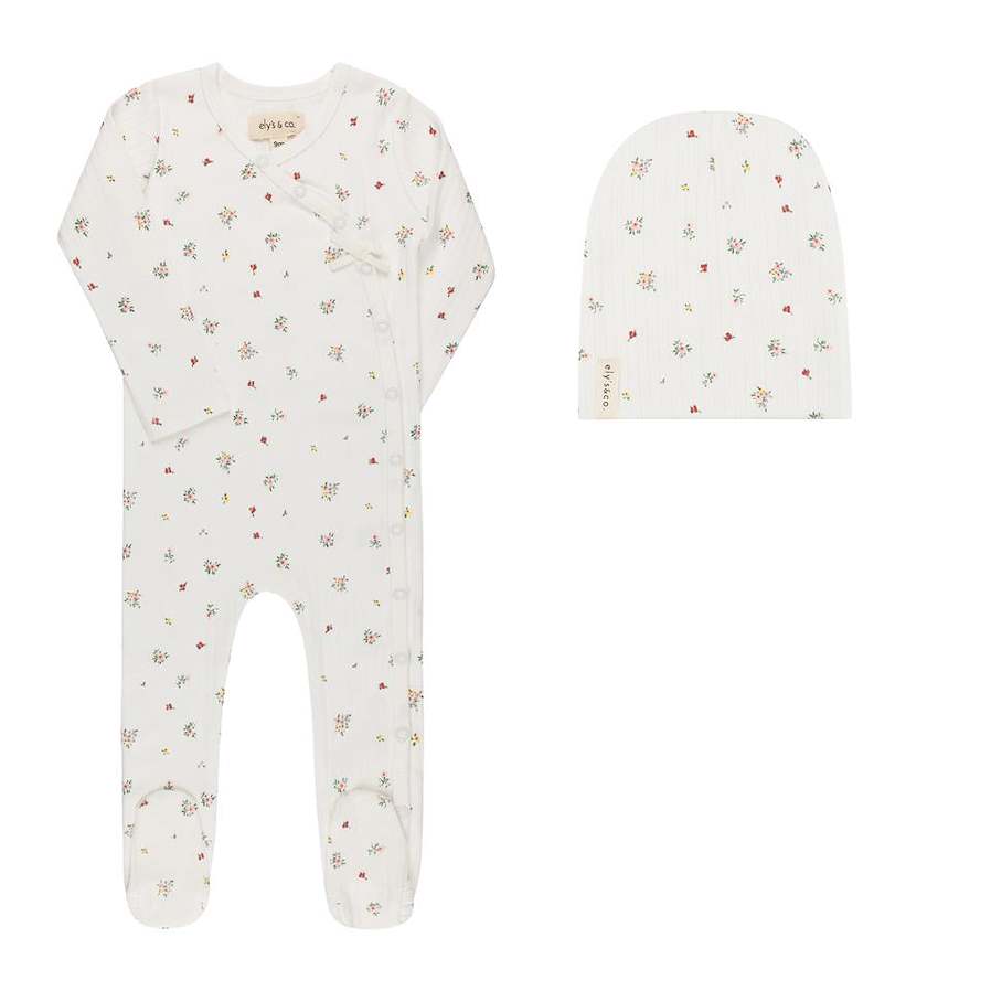 Elys & Co Ivory Floral Printed Star Collection Footie+Beanie