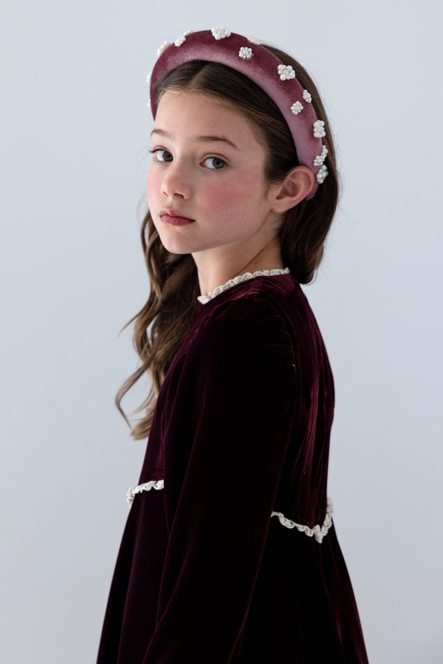 Petite Amalie Blackcurrent/Cream Peep Lace Hem Velvet Dress
