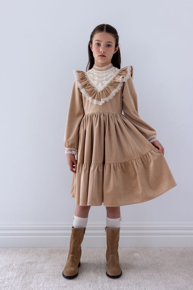 Petite Amalie Toffee Vintage Lace Yoke Cord Dress