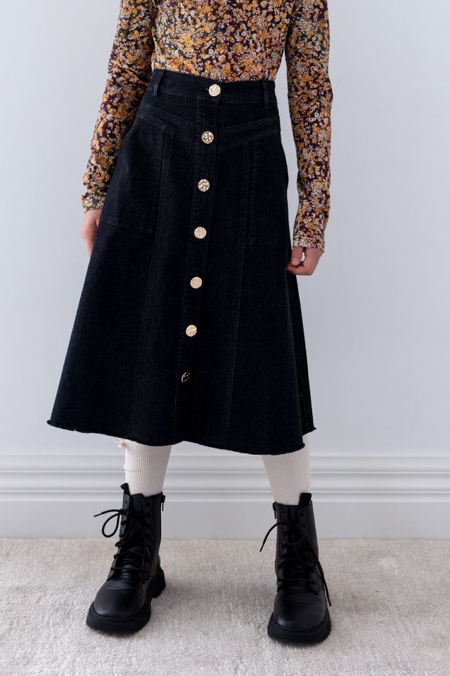 Steph Black Wash Denim Button Through Skirt